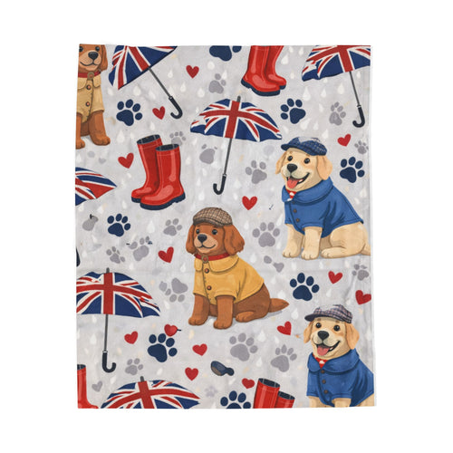 British Dog Pattern Plush Blanket – Union Jack Puppies Velveteen Throw